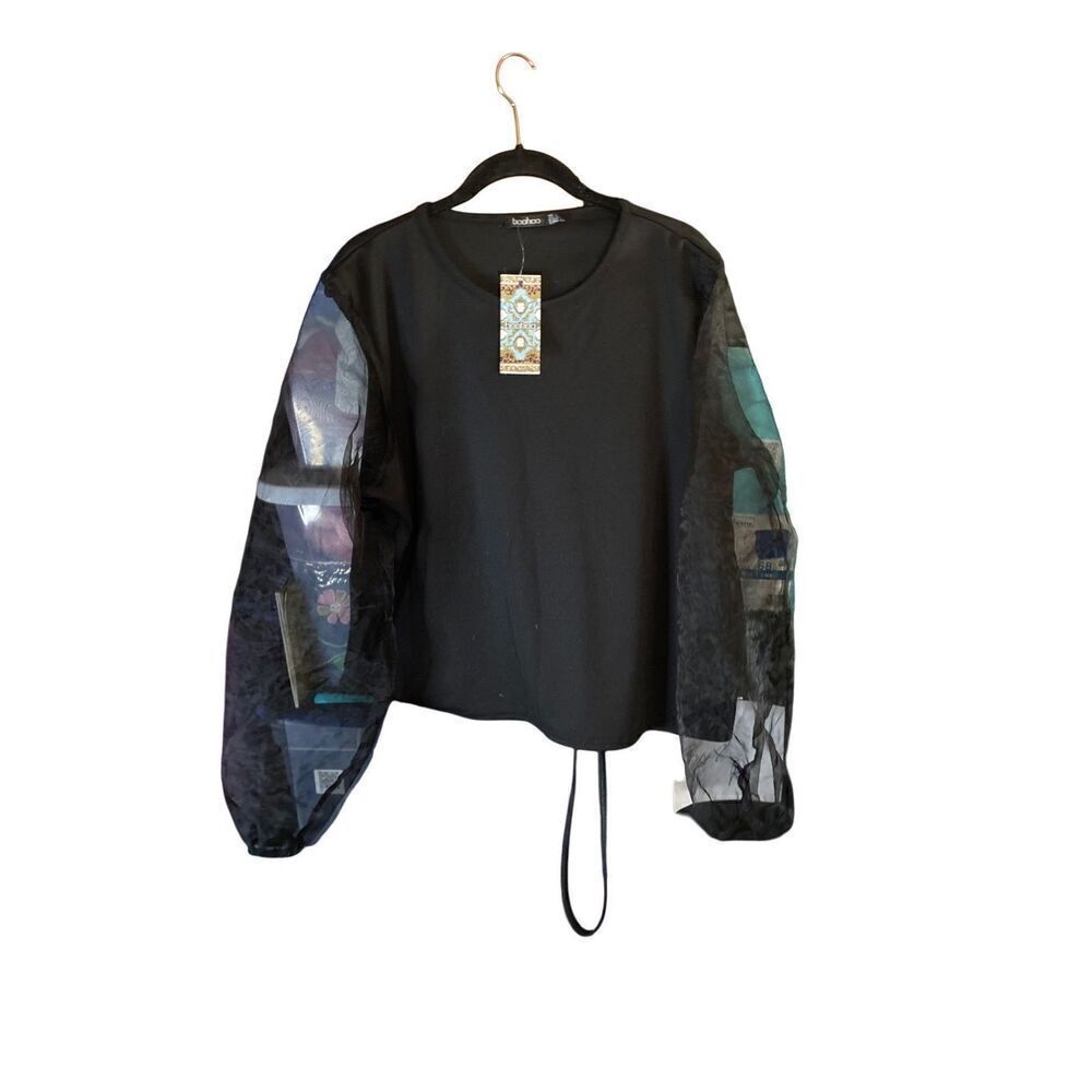 Boohoo  WT women’s organza sheer sleeve black top size 12